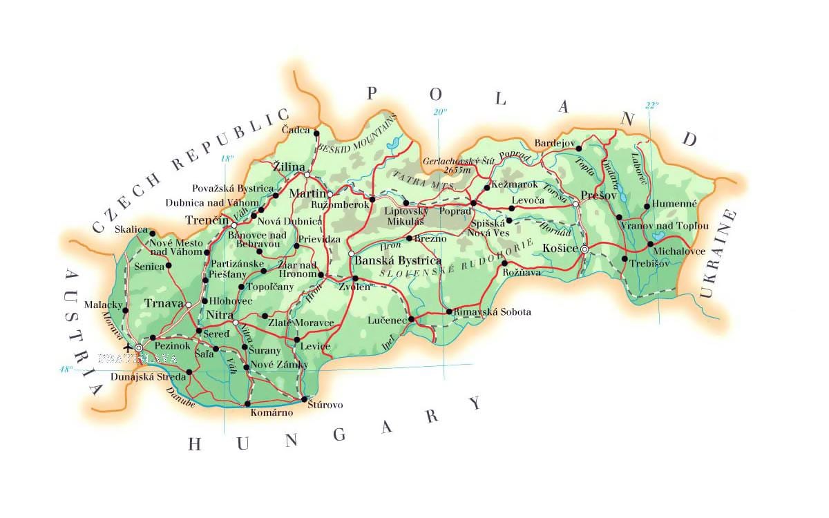 карта гарналыжных курортаў Славакіі