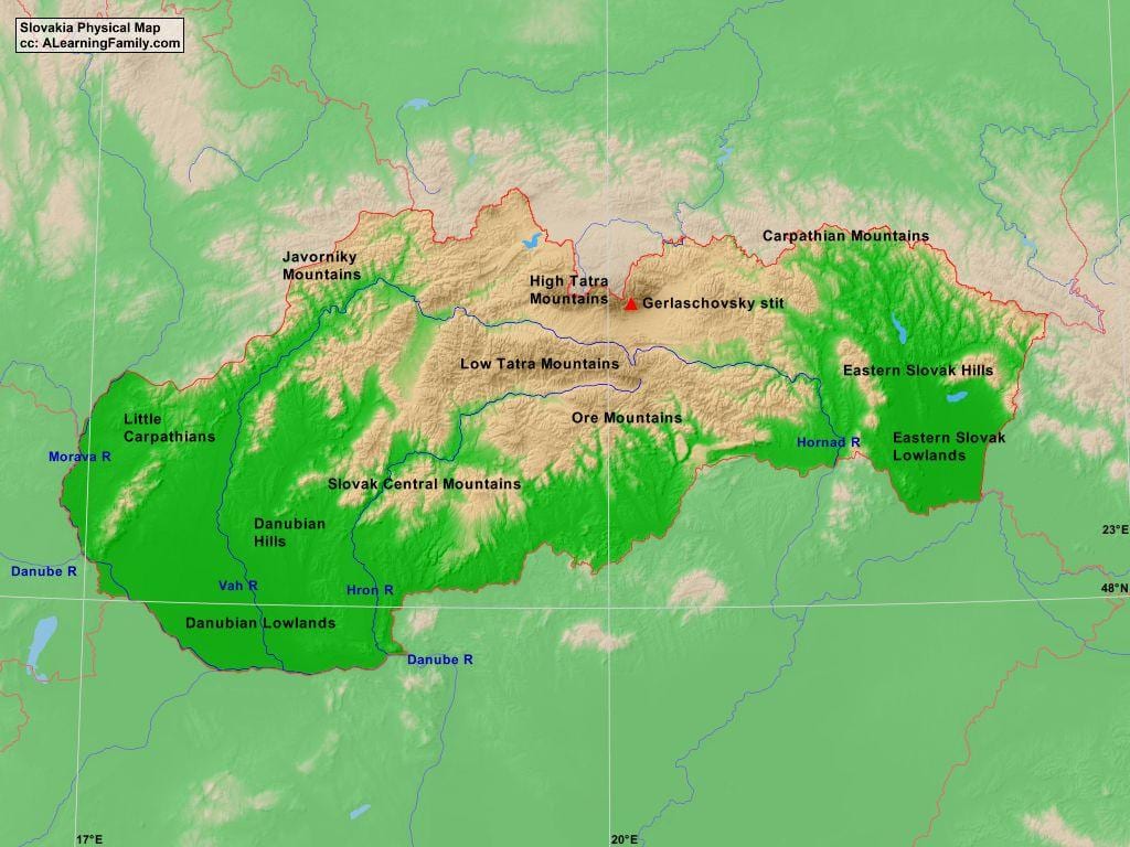 карта Славакіі горы