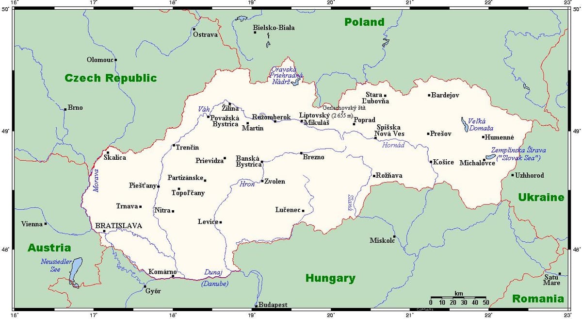 карта Славакіі з гарадамі